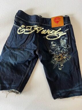 Ed Hardy Navy Denim Shorts with Gold Script & Graphic size 40
